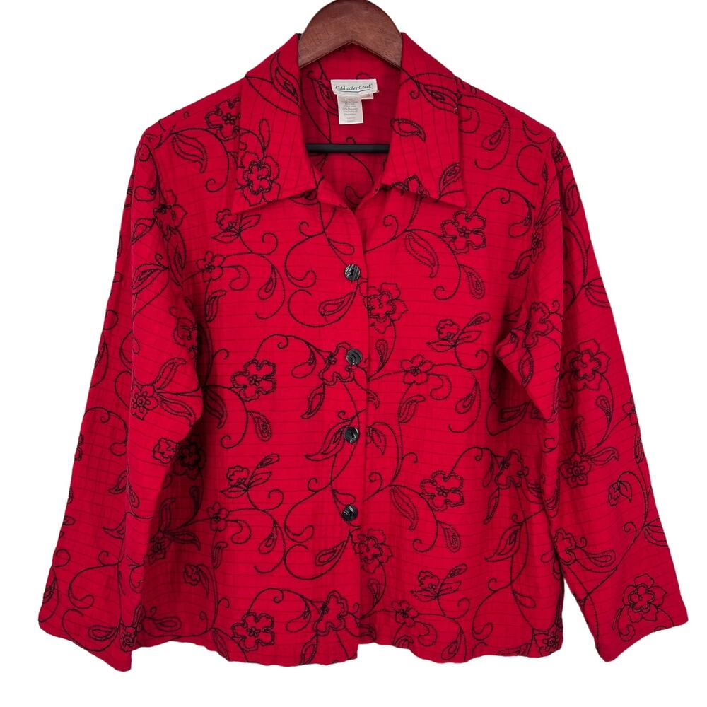 Coldwater Creek SILK BLEND Sz MEDIUM Quilted Red Jacket Coat Blouse Shirt Top